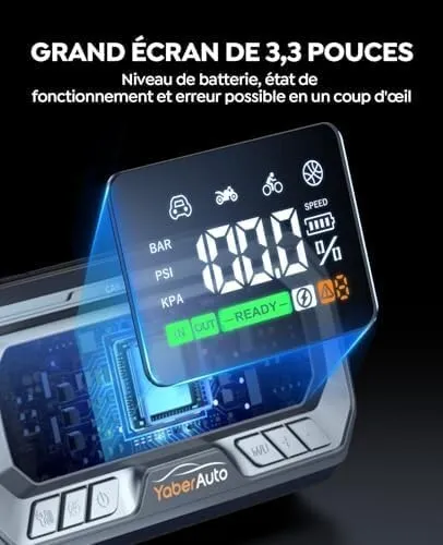 Booster YABER Batterie Voiture 7000A, PD 65W, Compresseur 160PSI, 26800mAh, 600LM LED, Grand Écran