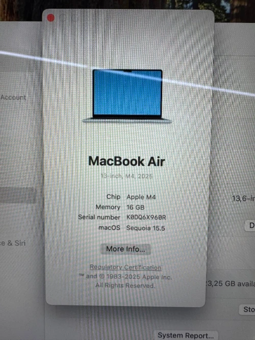 MacBook Air M4 16G 256G SSD batterie 100% cycle 3