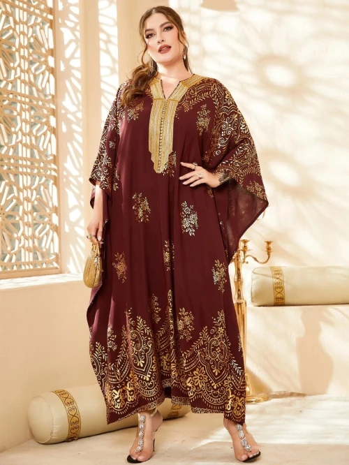 Robe Caftan volute or à imprimé manches chauve-souris