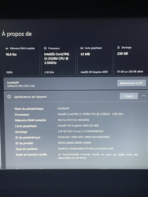 TOSHIBA SATELLITE PRO C50-A-136 16G RAM 238G STOCKAGE I3 3120 CPU 2.50GHz