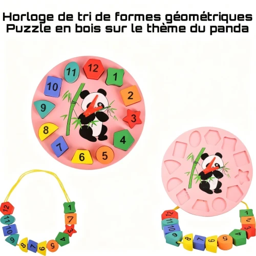 Horloge de tri de formes géométriques | Puzzle en bois sur le thème du panda pour enfants de 3 ans et plus