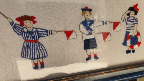 Tableau marin broderie en points comptés représentant des drapaux de l'alphabet  maritimes Semaphore