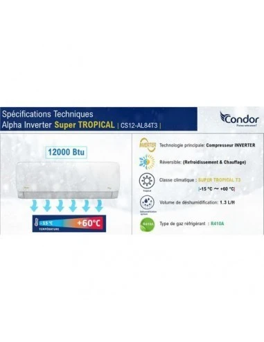Condor Climatiseur 12000 BTU SUPER Tropical Alpha 84 - CS12-AL84T3  Disponible en Stock