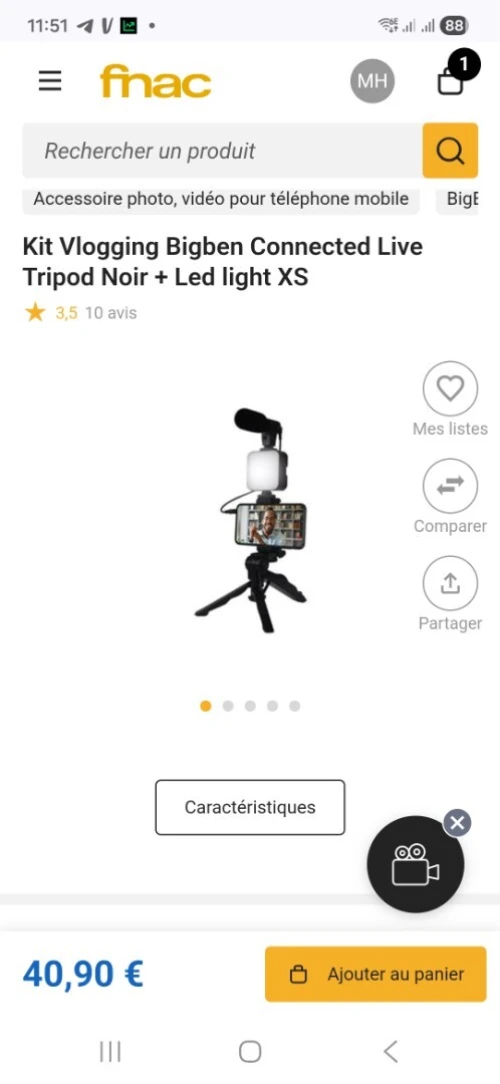 Kit Vlogging Bigben Connected Live Tripod Noir + Led light XS