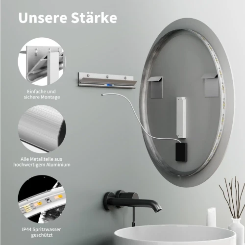 Miroir de Salle de Bain LED Rond 60 cm avec Interrupteur Tactile et Mémoire