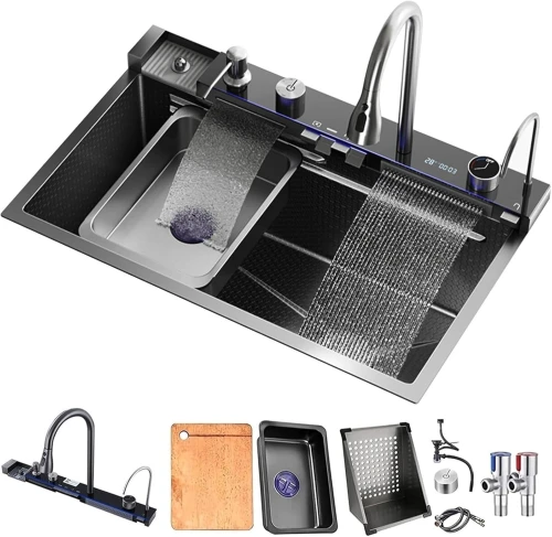 Évier de Cuisine Noir en Acier Inoxydable 304  avec Mitigeur Extensible et Accessoires