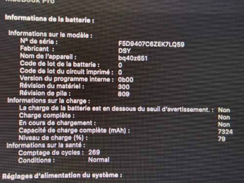 MacBook Pro 16" 2019 i9 8 coeurs 16GB/1TB Nvme AMD Radeon 5500M Pro 4 Go + UHD 1536 Mo Cycle 269