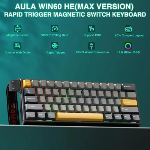 CLAVIER AULA WIN60 HE  60% MAGNETIC SWITCH 8K POLLING RATE 0.02 RT  SIDE PRINTING RVB CLAVIER