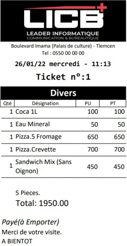 Logiciel de Gestion : Fast Food, Pizzeria, Restaurant, Pêcherie, Cafeteria, Crèmerie, Pâtisserie