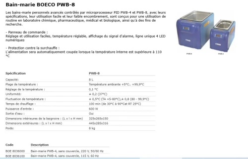 : Bain-Marie Laboratoire BOECO PWB-8 - 8 Litres - NEUF