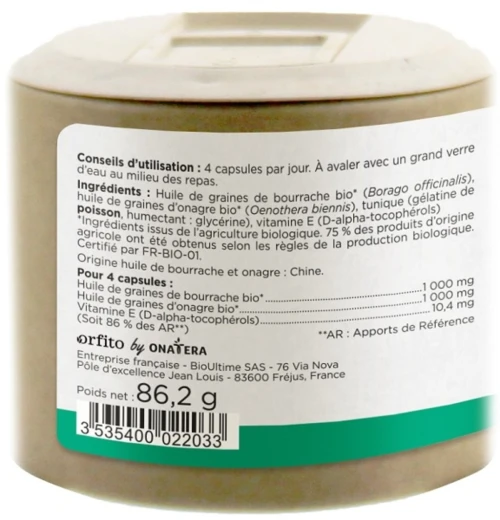Orfito Huiles d'Onagre et Bourrache Bio 120 capsules زيوت زهرة الربيع المسائية العضوية و لسان الثور