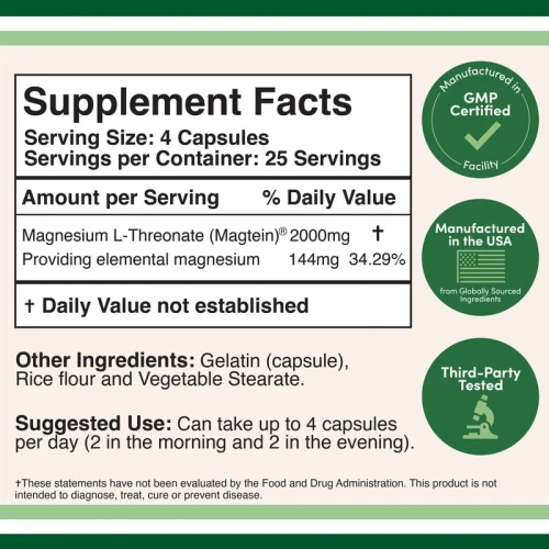 Double Wood Supplément de L thréonate de magnésium (Magtein) 2000 mg 100 capsules 