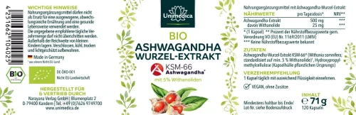 Unimedica Ashwagandha BIO KSM-66 dose journ 500 mg hautement dosé 5 % de withanolides 120 gélules