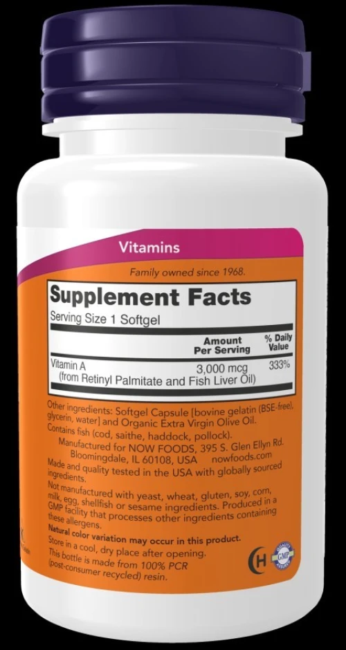 NOW Foods, Vitamine A 10 000 UI 3000 mcg 100 capsules à enveloppe molle