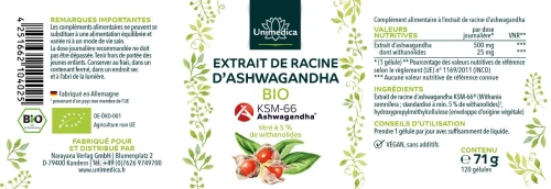 Unimedica Ashwagandha BIO KSM-66 dose journ 500 mg hautement dosé 5 % de withanolides 120 gélules