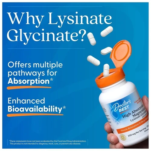Doctor's Best Glycinate de magnésium lysinate à haute absorption 100% chélaté 100mg 12 unités