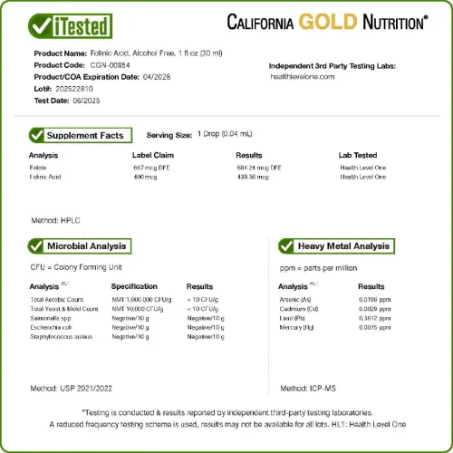 California Gold Nutrition Acide folinique, Sans alcool, 30 ml