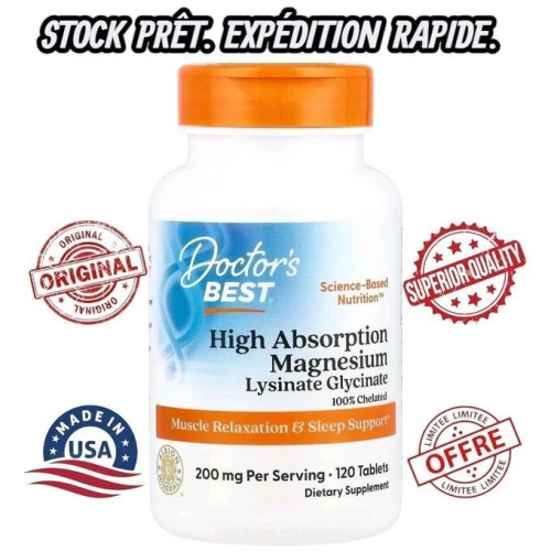 Doctor's Best Glycinate de magnésium lysinate à haute absorption 100% chélaté 100mg 12 unités