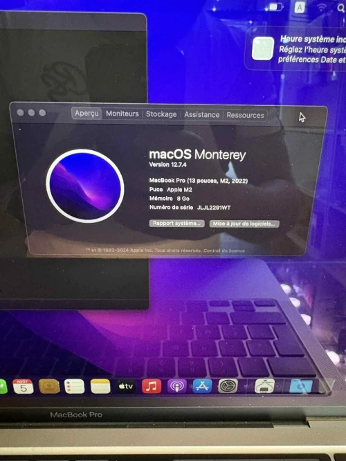 Macbook pro 2022 m2 13"8g 256g cycle 30 libire officiel