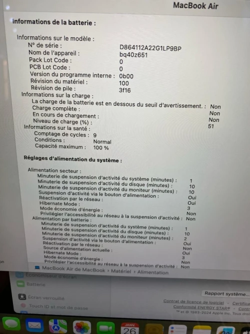 Macbook air 2024 15"M3 8/256ssd cycle 10 libire officiel