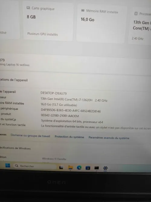 HP OMEN 16 / 13th I7-13620H / 16Go DDR4 / 512SSD / NVIDIA RTX 4060 8Go / 16 FHD 144Hz