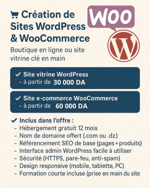 Site e-commerce WordPress / WooCommerce + hosting et formation gratuite