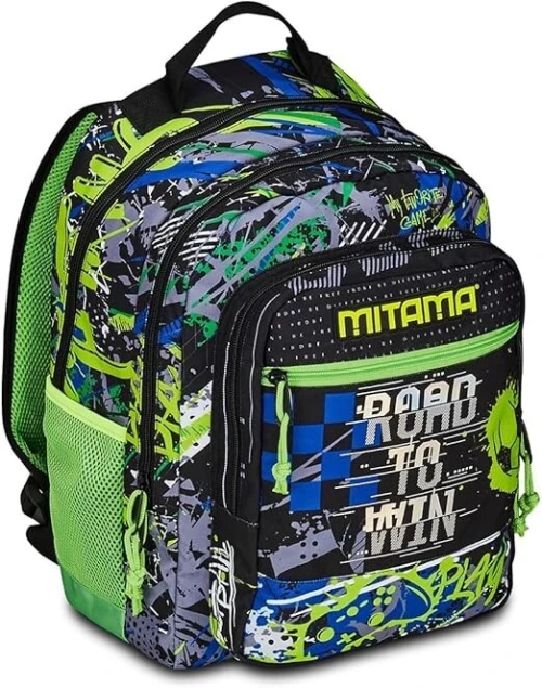 Mitama Sac à dos triple compartiment Road To Win avec poche avant, vert et noir, école primaire et loisirs, enfant garçon, Noir, Taglia unica, Sac à dos tyrolien