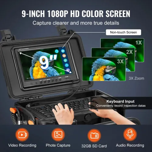 Caméra Endoscope Inspection Canalisation 50 m avec Écran 9'', Émetteur 512 Hz, Compteur de Distance, Étanche IP68, 12 LED, Carte SD 32 Go