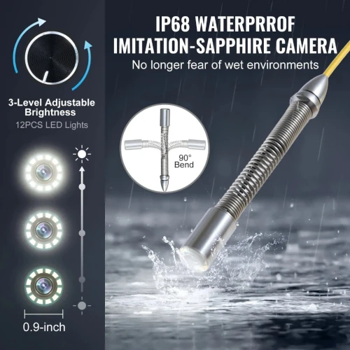 Caméra Endoscope Inspection Canalisation 50 m avec Écran 9'', Émetteur 512 Hz, Compteur de Distance, Étanche IP68, 12 LED, Carte SD 32 Go
