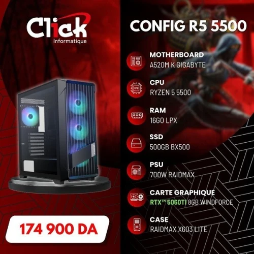 CONFIG/R5 5500/RTX 5060TI 8G WINDFORCE/RAM 16GO LPX/500GO SSD BX500/A520MK GIGABYTE/RX700W/X603 LITE