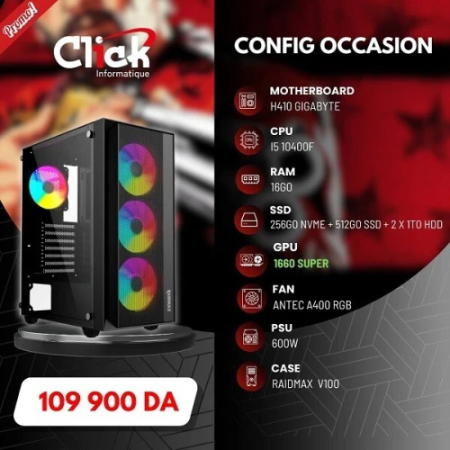 UNITE MONTAGE STATION 10400f h410 gigabyte 16go 1660super 600w 256 nvme +512 ssd + 2x1To hdd (OCCASION)