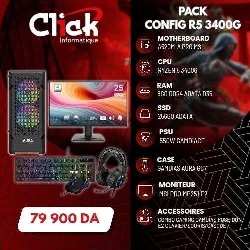 CONFIG/R5 3400G /8GO DDR4/256GO SSD/A520M-A PRO/GP550W/AURA GC7+MONIT PRO MP251+COMB POSEIDON E2