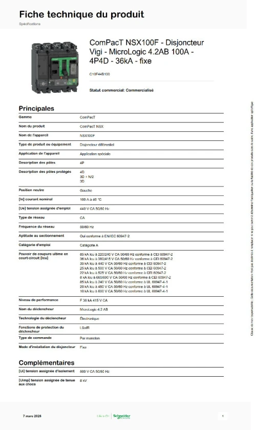 Disjoncteur différentiel Schneider Electric NSX100F MicroLogic 4.2AB 100A