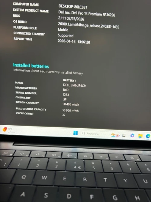 DELL PRO 14 PREMIUM  Ultra 5 265H 32RAM 1 TB SSD  INTEL Pro 130V  14'' FHD+ BATTERIE 95% CYCLE 37 ETAT NEUF GARANTIE 06 MOIS  A2-3
