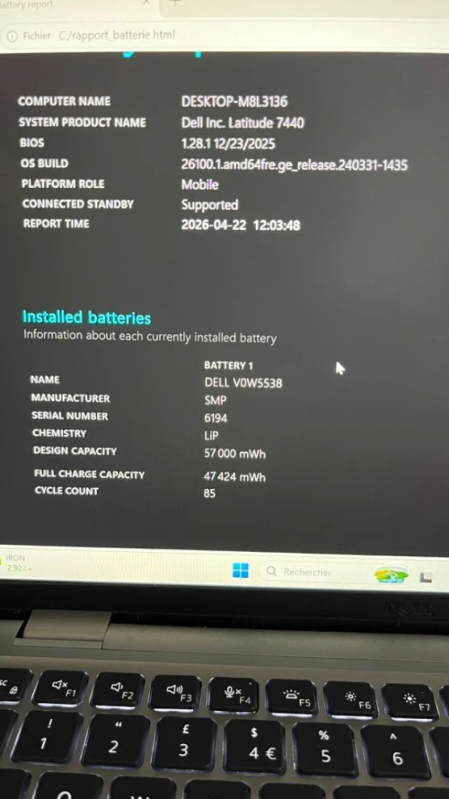 DELL LATITUDE 7440  FINITION ALUMINIUM I5-13TH 16RAM 256 SSD 14''TACTILE FHD+ BATTERIE + 4 HEURES INTEL IRIS XE BIN ETAT  GARANTIE 06 MOIS