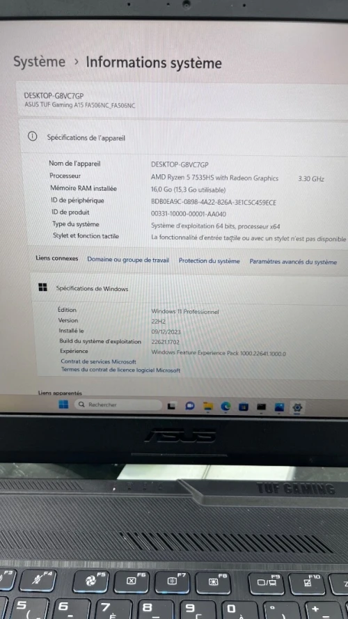 ASUS TUF GAMING A15  AMD Ryzen 5 7535HS 16RAM 512SSD RTX 3050 04 GB DÉDIÉE 144MHz