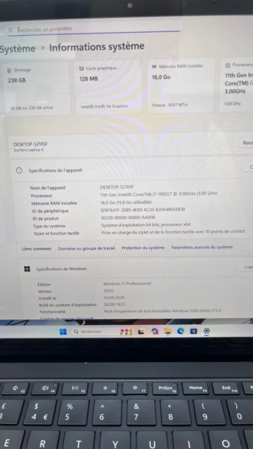 SURFACE LAPTOP 4 I7-11TH  16RAM 256 SSD 13.5'' 2K TACTILE INTEL IRIS XE  GRAPHICS BATTERIE +4 HEURES TRES BON ÉTAT GARANTIE 06 MOIS