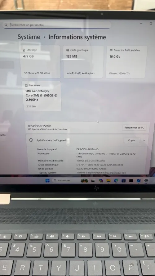HP SPECTRE  I7-1185G7 15.6'' TACTILE 16RAM 512SSD IRIS XE  BATTERIE + 5 HEURES EXCELLENT ETAT A2-2