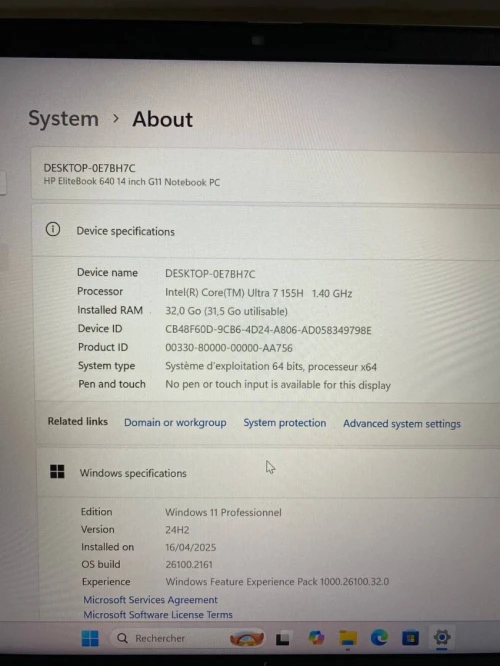 HP ELITEBOOK 640 G11 ULTRA 7 155H 14'' 32RAM 1TB SSD  INTEL R GRAPHICS BATTERIE CYCLE 8