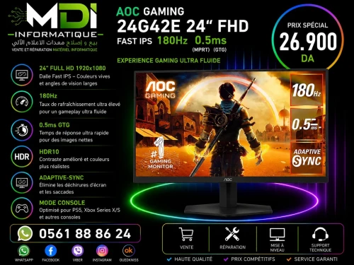 ECRAN AOC GAMING 24G42E 24" FHD FAST IPS 180Hz 0.5Ms HDR10 Adaptive-Sync