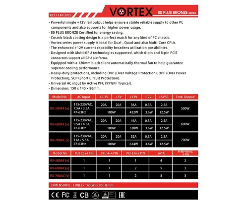 ALIMENTATION RAIDMAX VORTEX 700W GOLD