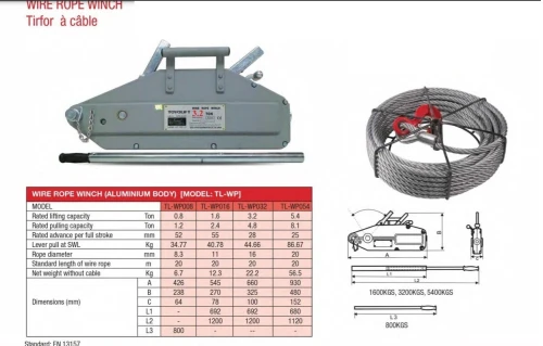 Tirfore (wire rope winch) 3200 Kg + cric