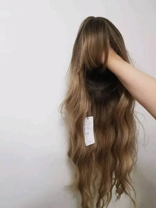 Perruque Longue et Ondulée avec Frange, Marron Clair Ombré