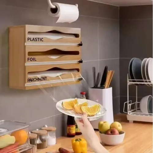 Distributeur 3-en-1 en Bambou avec Système Coupe - Film, Papier Cuisson & Aluminium
