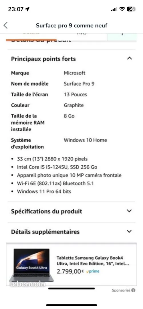pc surface pro 9 très très bonne état 