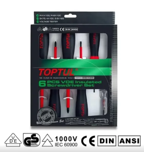Jeu de 6 tournevis isolés VDE 1000V (y compris testeur) GAAE0612 TOPTUL