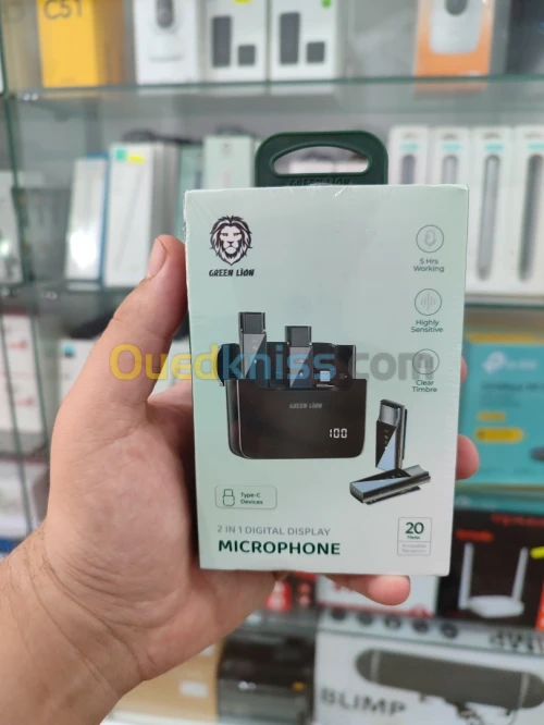 Green Lion 2 in 1 Digital Display Microphone ( Type c  Connector ) - Black - ميكروفون رقمي