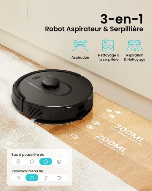 Robot Aspirateur Laveur 5000Pa,Cleanova W11 Aspirateur LAVEUR avec Vidange Automatique Poussière,Navigation LiDAR avec Cartographie,180min,Connecté par Alexa/APP,Idéal pour Tapis Poils d'animaux