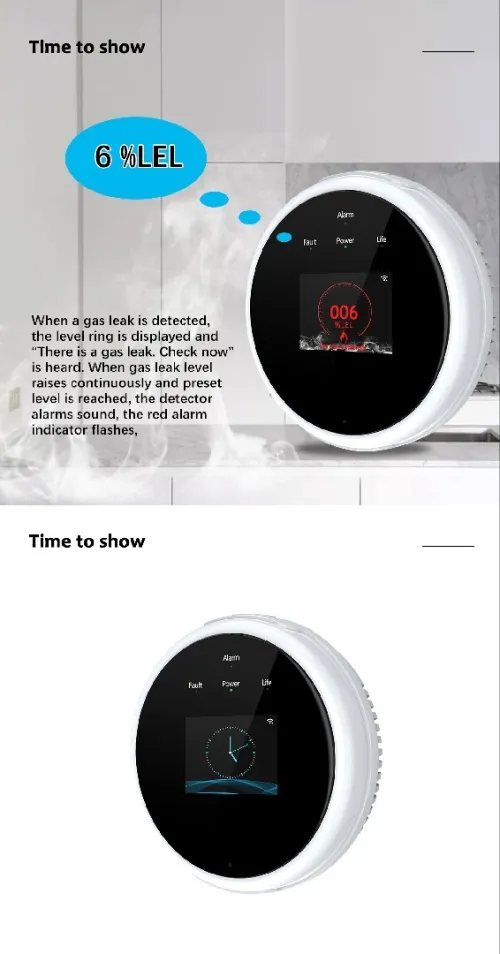 جهاز إنذار الغاز والميثان الذكي مع شاشة TFT وتنبيه عبر الجوال WiFi Combustible Gas & LPG Sensor with