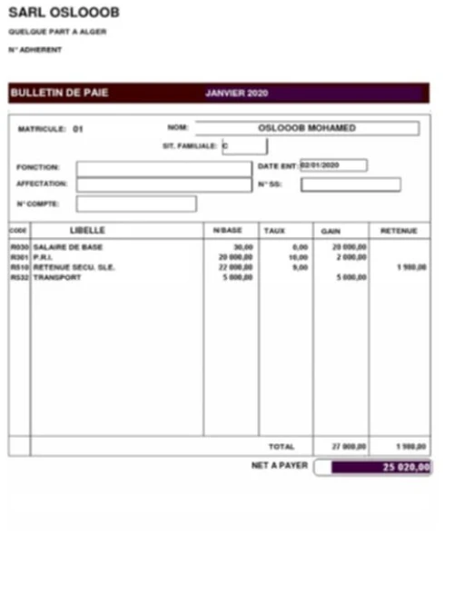 Comptable. Forfaitaire.  CNAS / G12.  Fiche de paie